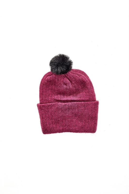 Childrens Possum Pompom Beanie - Fuschia